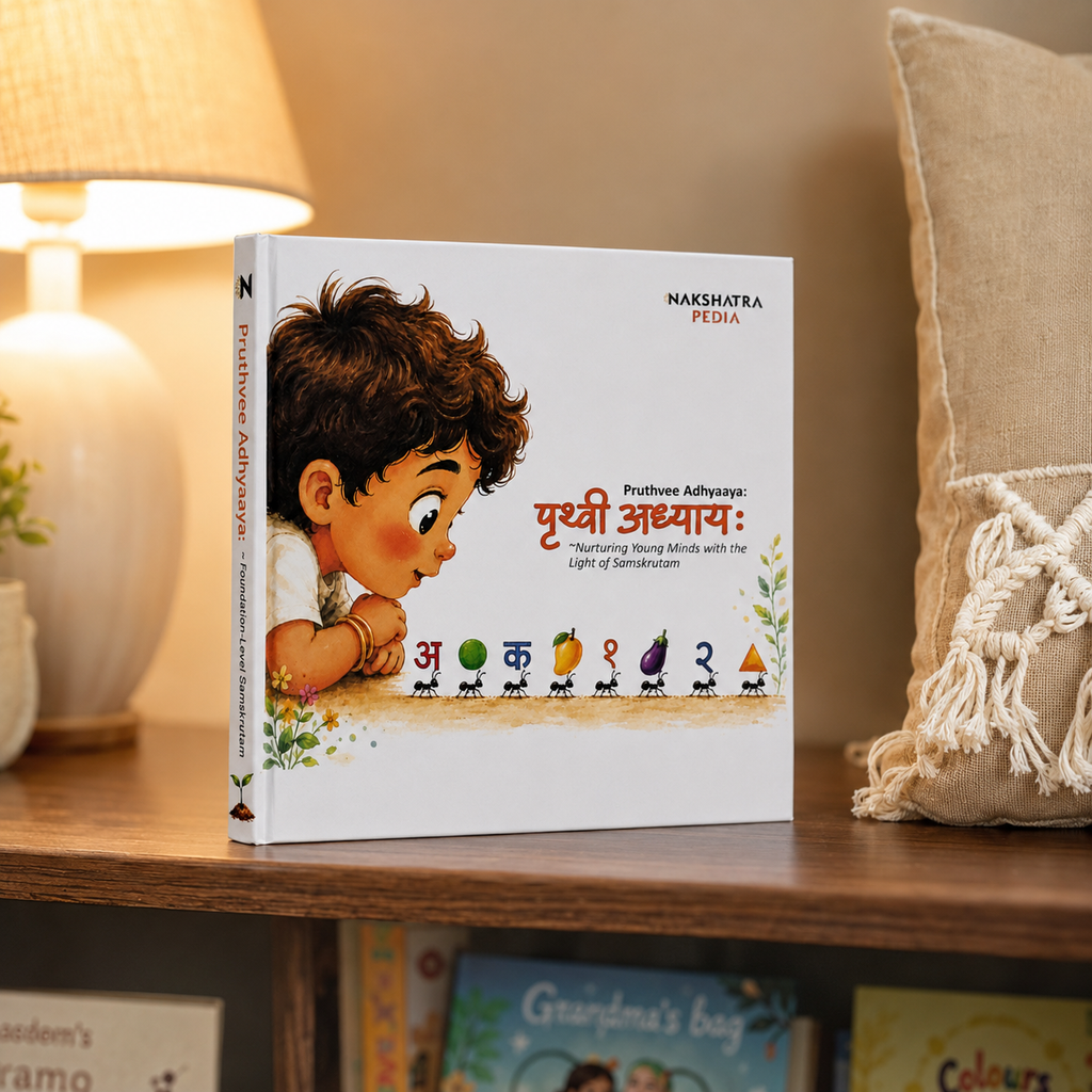 Sanskrit learning book for kids. A children's book Nakshatrapedia stands open on a wooden shelf, surrounded by a warm lamp on the left and a beige decorative pillow on the right.