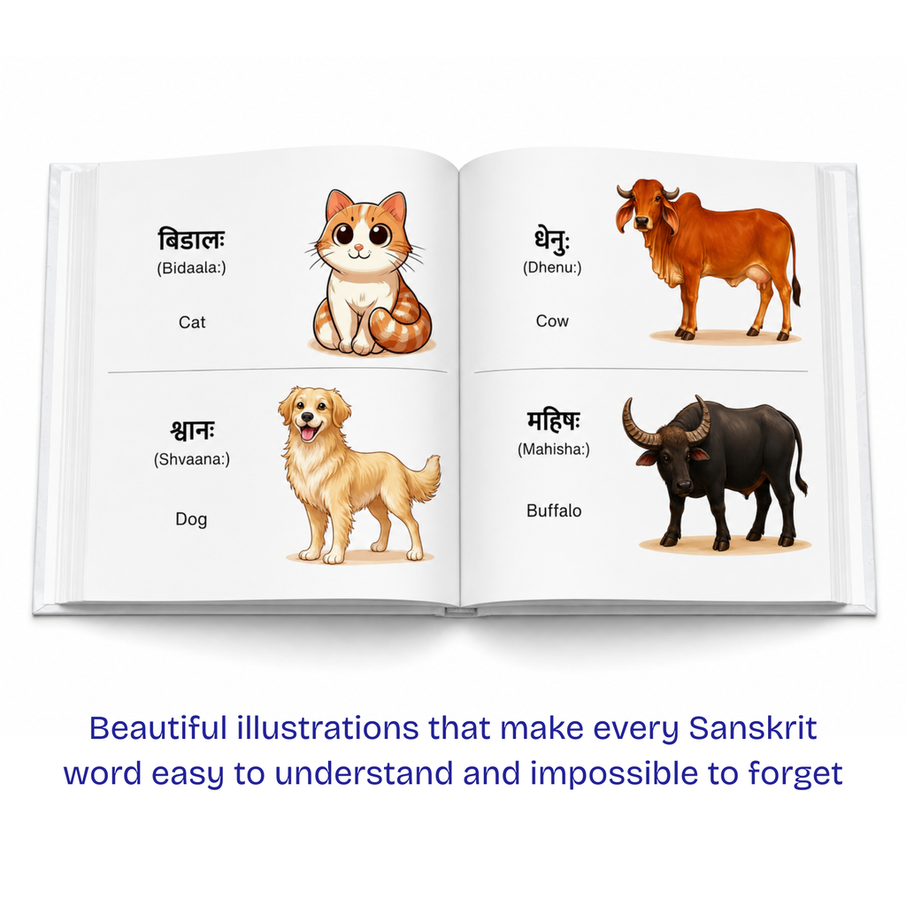 Sanskrit learning book for kids. 
An open children's Sanskrit learning book showing illustrated animals on the pages: a cat labeled Cat, a cow labeled Cow, a dog labeled Dog, and a buffalo labeled Buffalo. Text below reads, 'Beautiful illustrations that make every Sanskrit word easy to understand and impossible to forget.